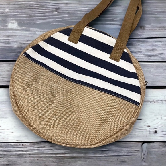 Handbags - Round Canvas Tote Natural and Navy Blue and White Striped Fabric Beach B…